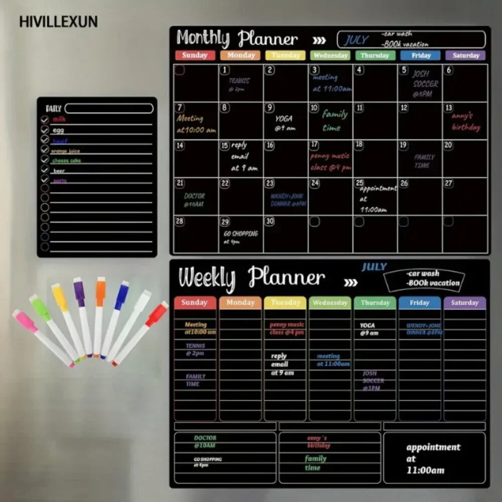 Magnetic Dry Erase Boards Calendar Planner 3 Pack Black with 8 Magnetic Markers